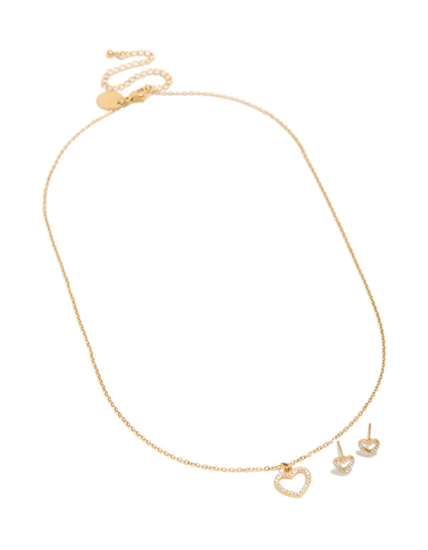Waterproof Gold Plated Stainless Steel Cubic Zirconia Heart Necklace & Earrings Set