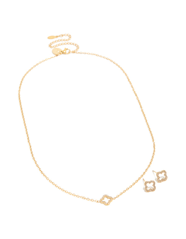 Waterproof Gold Plated Stainless Steel Cubic Zirconia Flower Necklace & Earrings Set