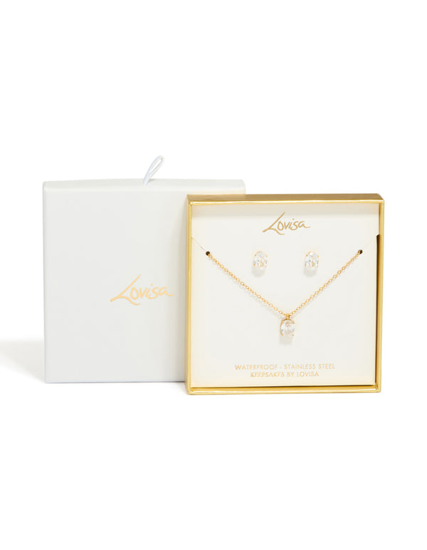 Waterproof Gold Plated Stainless Steel Cubic Zirconia Oval Necklace & Earrings Set