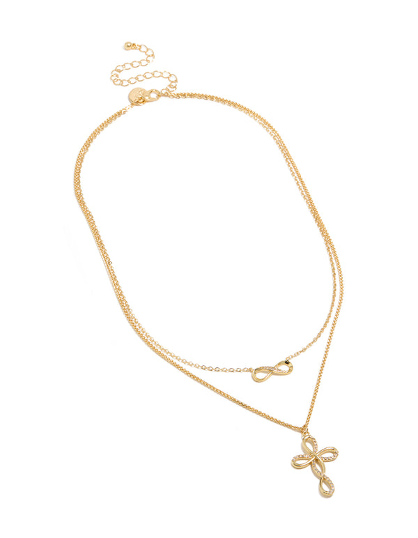 Gold Plated Cubic Zirconia Infinity & Cross Layered Necklace