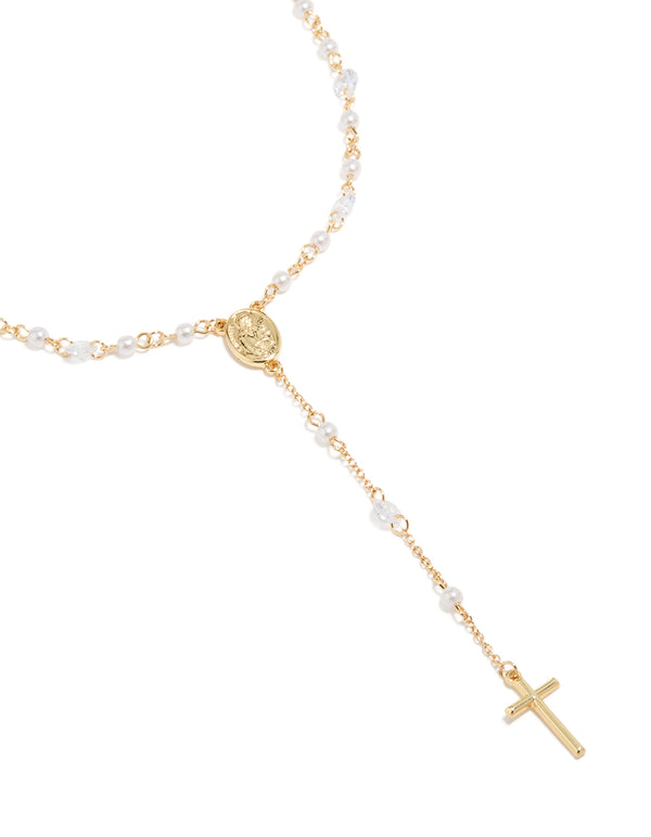Gold Plated Cubic Zirconia & Pearl Rosary Necklace