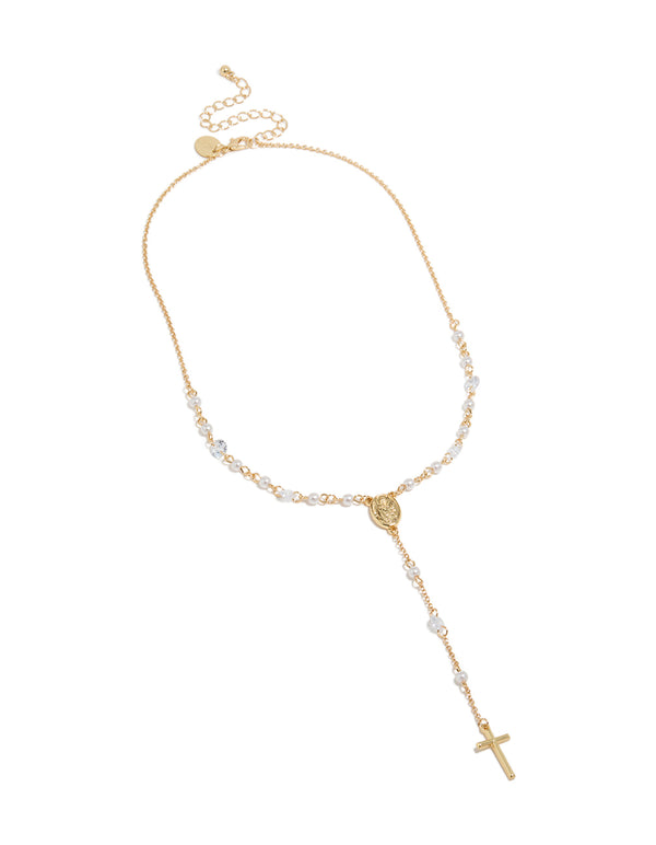 Gold Plated Cubic Zirconia & Pearl Rosary Necklace