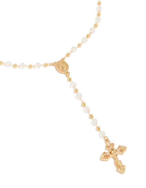 Gold Plated Dainty Beaded Rosary Cross Y-Necklace