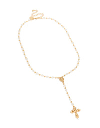 Gold Plated Dainty Beaded Rosary Cross Y-Necklace - link has visual effect only