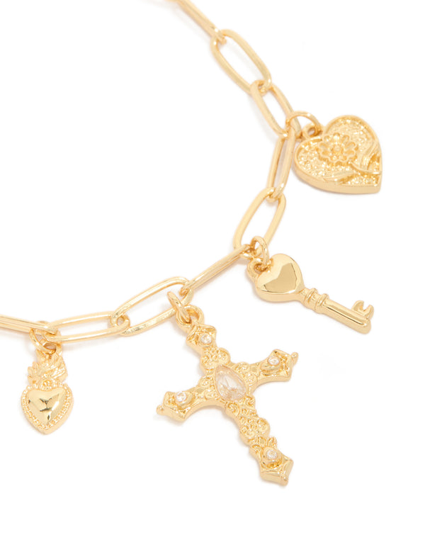 Gold Plated Cross & Heart Charms Bracelet