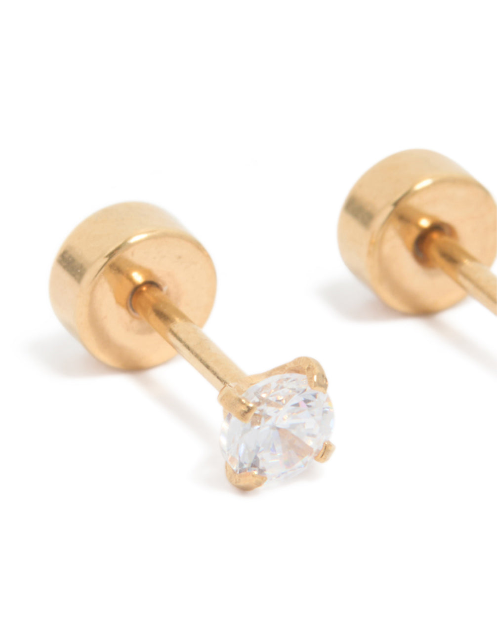 Beautifully designed kids classic flat back studs featuring surgical steel with cubic zirconia in gold plated finish close up view