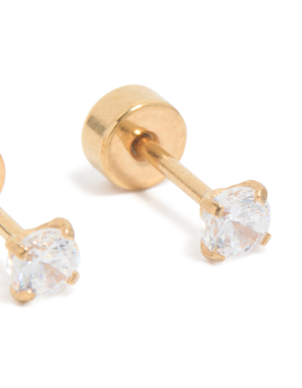 Highlighting kids classic flat back studs with surgical steel and cubic zirconia in gold plated finish post detail view