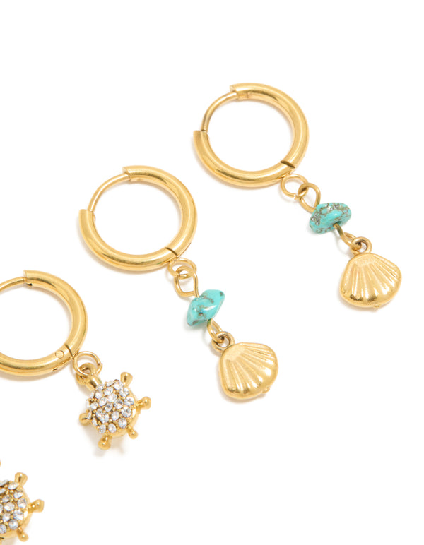Waterproof Gold Plated Stainless Steel Semi Precious Stone Sea Earrings 2-Pack