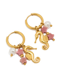 Waterproof Gold Plated Stainless Steel Seahorse Pearl Charm Huggie Earrings - link has visual effect only