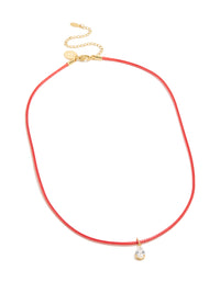 Waterproof Gold Plated Stainless Steel Pear Cubic Zirconia Drop Pink Cord Necklace - link has visual effect only
