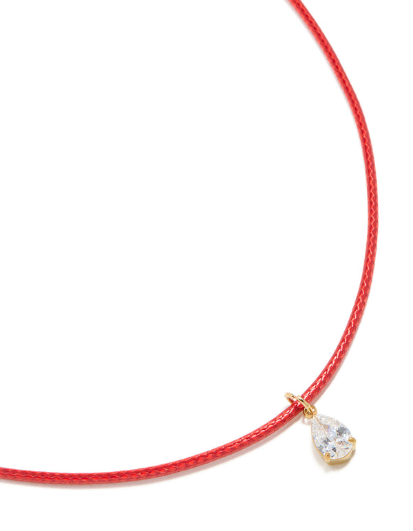 Waterproof Gold Plated Stainless Steel Pear Cubic Zirconia Drop Pink Cord Necklace