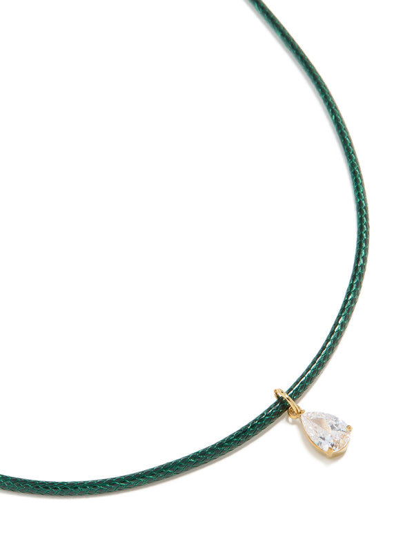 Waterproof Gold Plated Stainless Steel Pear Cubic Zirconia Drop Dark Green Cord Necklace