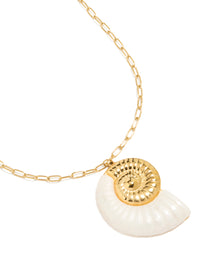 Showcasing a waterproof oversized shell pendant necklace in gold plated stainless steel in ivory accent close up view - link has visual effect only
