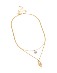 Showcasing waterproof layered necklace with hamsa hand and evil eye in gold plated stainless steel front view - link has visual effect only