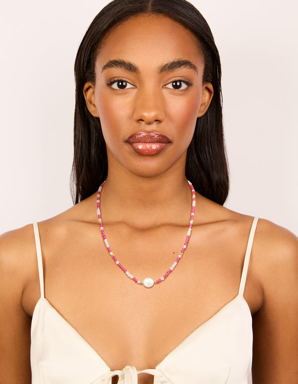 Waterproof Gold Plated Stainless Steel Pink Face Beaded &  Pearl Necklace