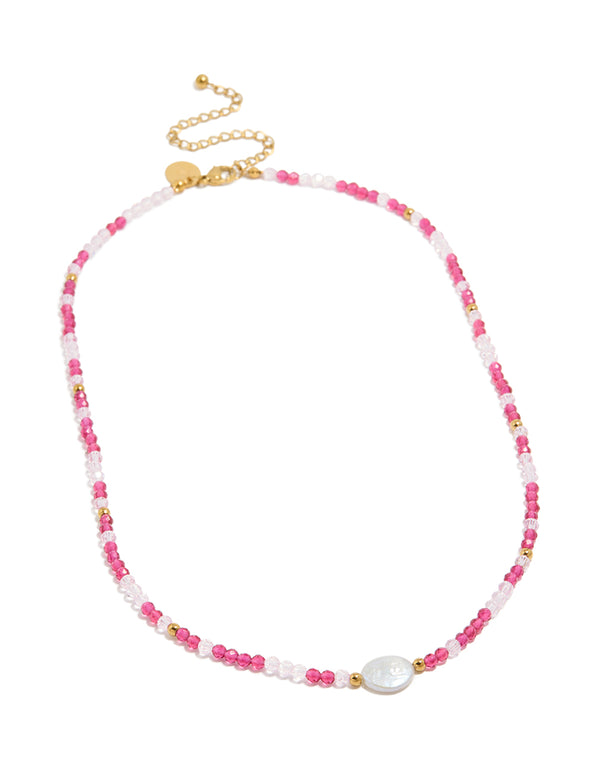 Waterproof Gold Plated Stainless Steel Pink Face Beaded &  Pearl Necklace