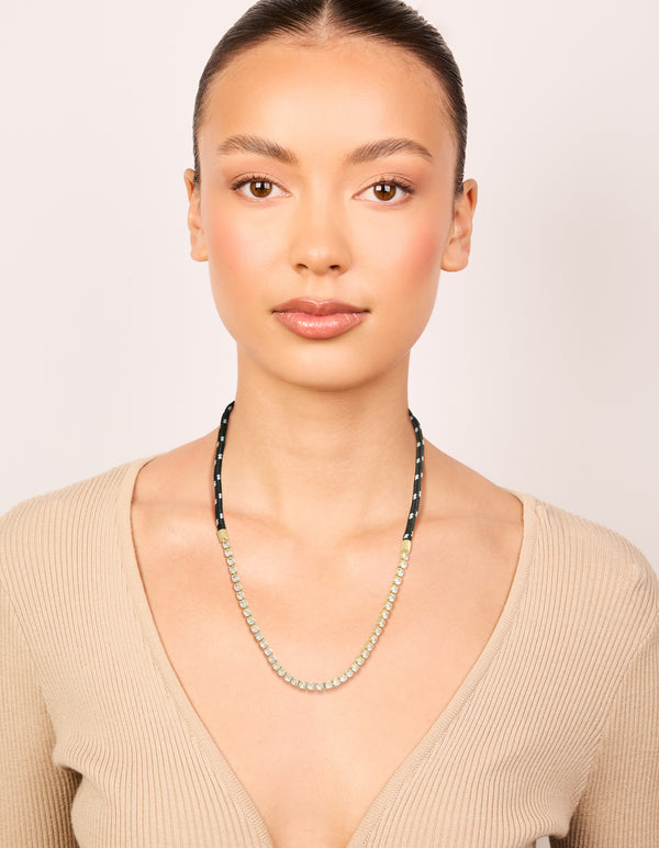 Waterproof Gold Plated Stainless Steel Half Tennis & Half Black Cord Necklace