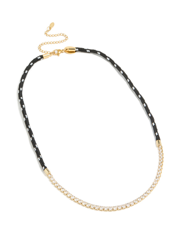 Waterproof Gold Plated Stainless Steel Half Tennis & Half Black Cord Necklace