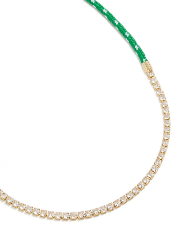 Waterproof Gold Plated Stainless Steel Half Tennis Half Green Cord Necklace