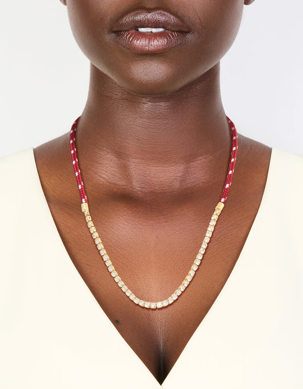 Waterproof Gold Plated Stainless Steel  Half Tennis & Half Burgundy Cord Necklace