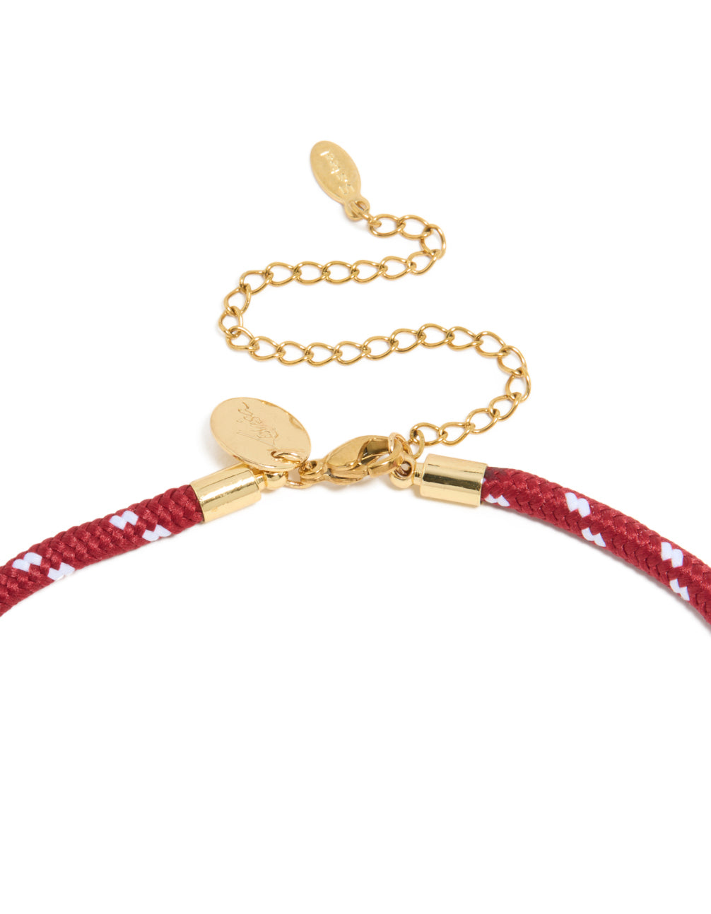 Crafted from waterproof gold plated stainless steel, this half tennis and half burgundy cord necklace accents in a statement style clasp detail view