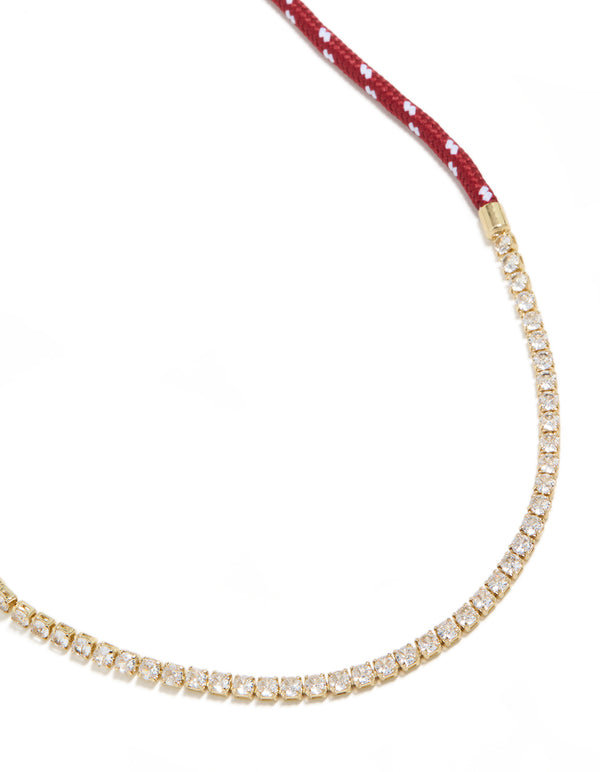 Waterproof Gold Plated Stainless Steel  Half Tennis & Half Burgundy Cord Necklace