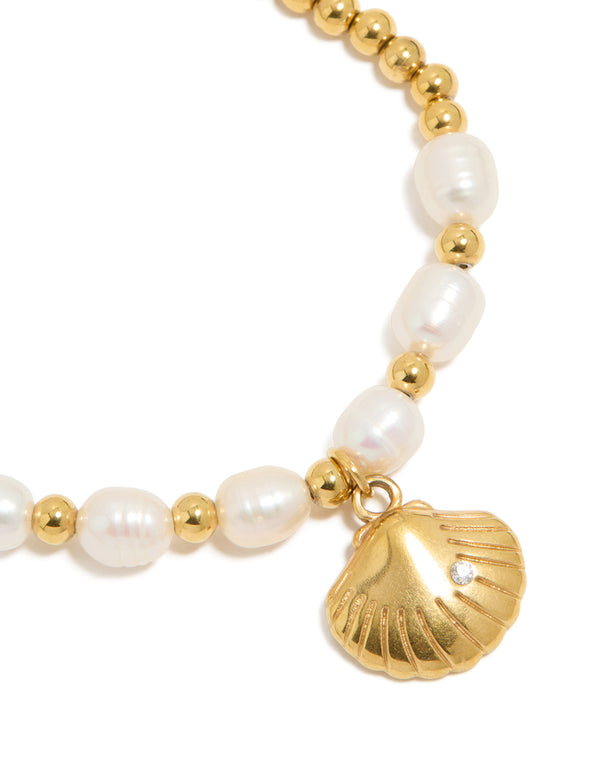 Waterproof Gold Plated Stainless Steel Freshwater Pearl & Shell Ball Bracelet