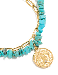 Waterproof Gold Plated Stainless Steel Coin  & Turquoise Semi Precious Stone Chip Bracelets 2-Pack - link has visual effect only