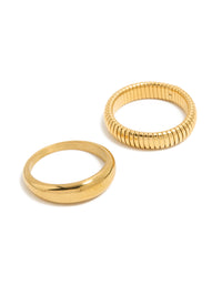 Waterproof gold plated stainless steel plain and ribbed rings in a 2-pack front view - link has visual effect only