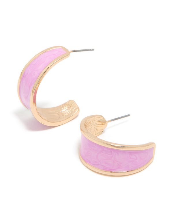 Statement hoop earrings featuring round enamel with marble pattern in orchid and gold front view