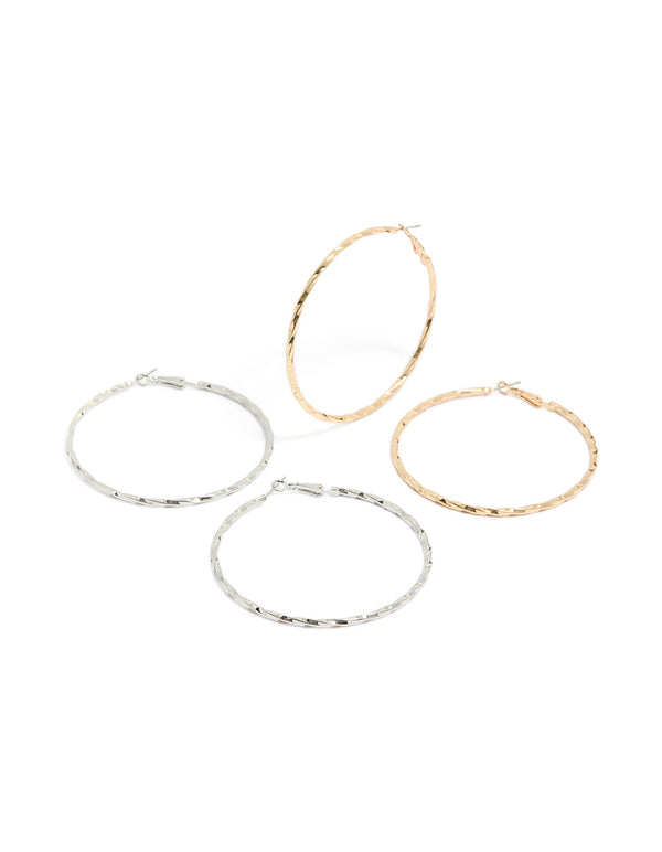 Stylish mixed metal textured hoop earrings 2-pack in gold and silver front view