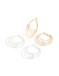 Showcasing mixed metal multiple circle hoop earrings in a 2-pack with gold and silver tones front view - link has visual effect only