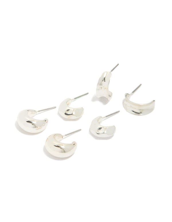 Crafted from silver bubble concave huggie earrings in 3-pack front view