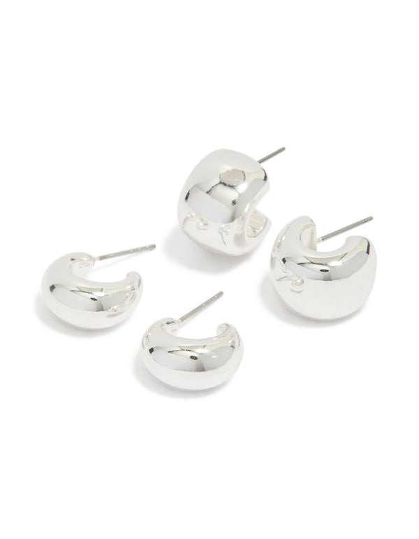 Showcasing thick bubble hoop earrings in a 2-pack with chunky statement silver design front view