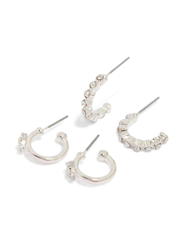 Showcasing celestial star diamante hoop earrings in a 2-pack with silver finish front view