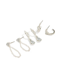 Discover this silver mixed diamante and chain earrings 3-pack with huggie and stud closures front view - link has visual effect only