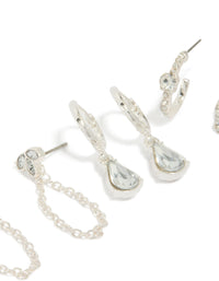 Explore this silver mixed diamante and chain earrings 3-pack with huggie and stud closures close up view - link has visual effect only
