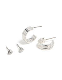 Featuring a 2-pack of silver lined hoop and diamante stud earrings front view - link has visual effect only