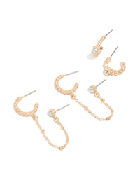 Showcasing gold diamante chain hoop earrings in a 2-pack with charm and stud closure front view - link has visual effect only