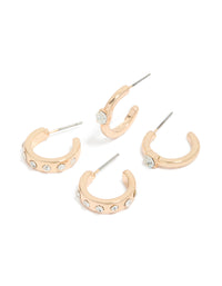 Showcasing gold diamante hoop earrings in a 2-pack with clear stone embellishments front view - link has visual effect only