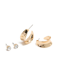 Discover this wide hoop and diamante stud earrings 2-pack in gold with statement style front view - link has visual effect only