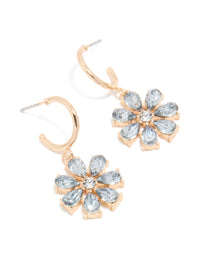 Showcasing gold blue diamante flower hoop earrings in light blue and silver front view - link has visual effect only