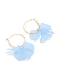 Featuring floral hoop earrings in gold with light blue acrylic petal drops and statement styling front view - link has visual effect only