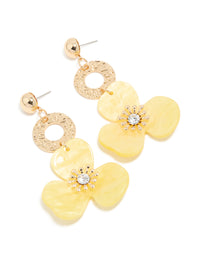 Beautifully crafted gold circle yellow flower drop earrings featuring in statement style front view - link has visual effect only