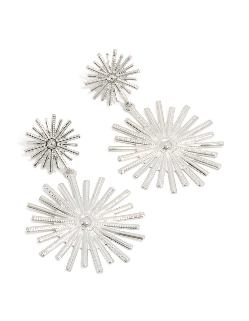 Stunning silver double spike drop earrings featuring celestial details in a statement style front view