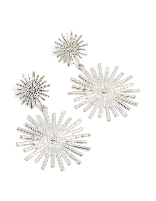 Stunning silver double spike drop earrings featuring celestial details in a statement style front view
