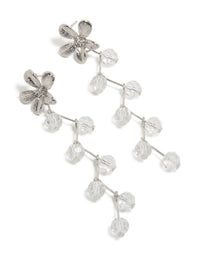 Elegant statement drop earrings with floral charm, beads accents in silver front view - link has visual effect only