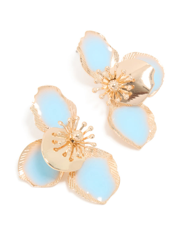 Showcasing gold and blue half flower stud earrings front view