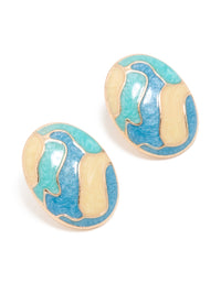 Showcasing oval stud earrings with blue enamel ocean design in gold featuring turquoise and light accents front view - link has visual effect only
