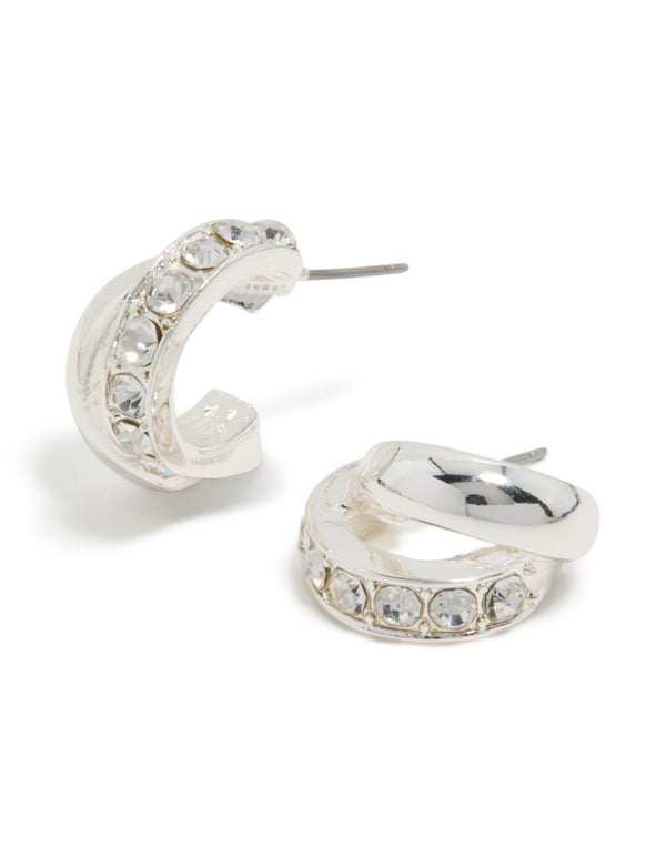 Stunning silver diamante split huggie earrings front view